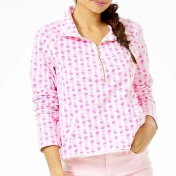 Lilly Pulitzer Ronan Long Sleeve Pink Pineapple Print Cropped Popover. Small. - Picture 1 of 10